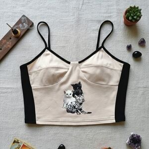 Fun Black Tan Retro Cat Lady Lover Graphic Crop Top Size Small